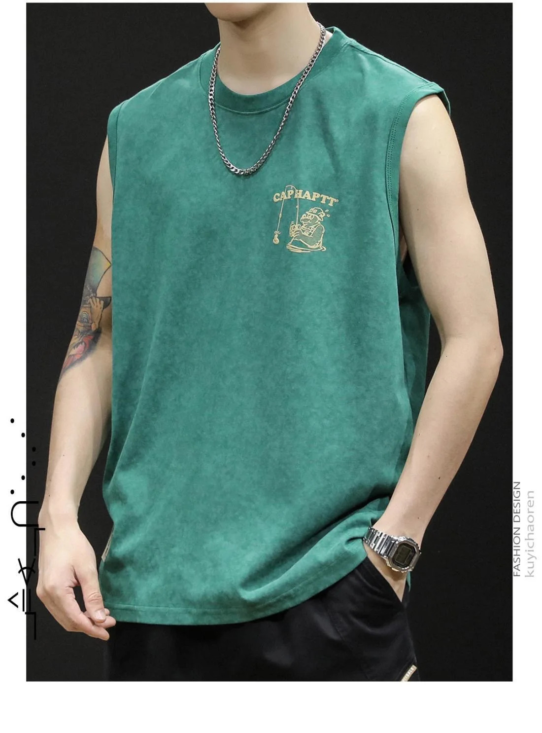 Heavy duty summer round neck mens sleeveless vest loose large street print sports full matching T-shirt 250403