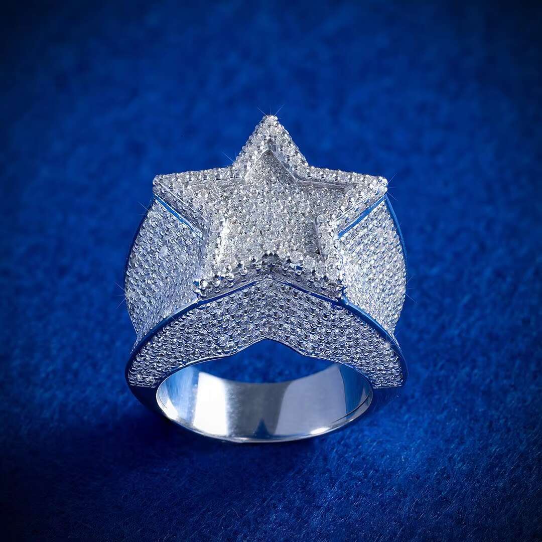 Custom Luxury Hip Hop Jewelry Iced Out 925 Silver VVS Moissanite Diamond Star Ring
