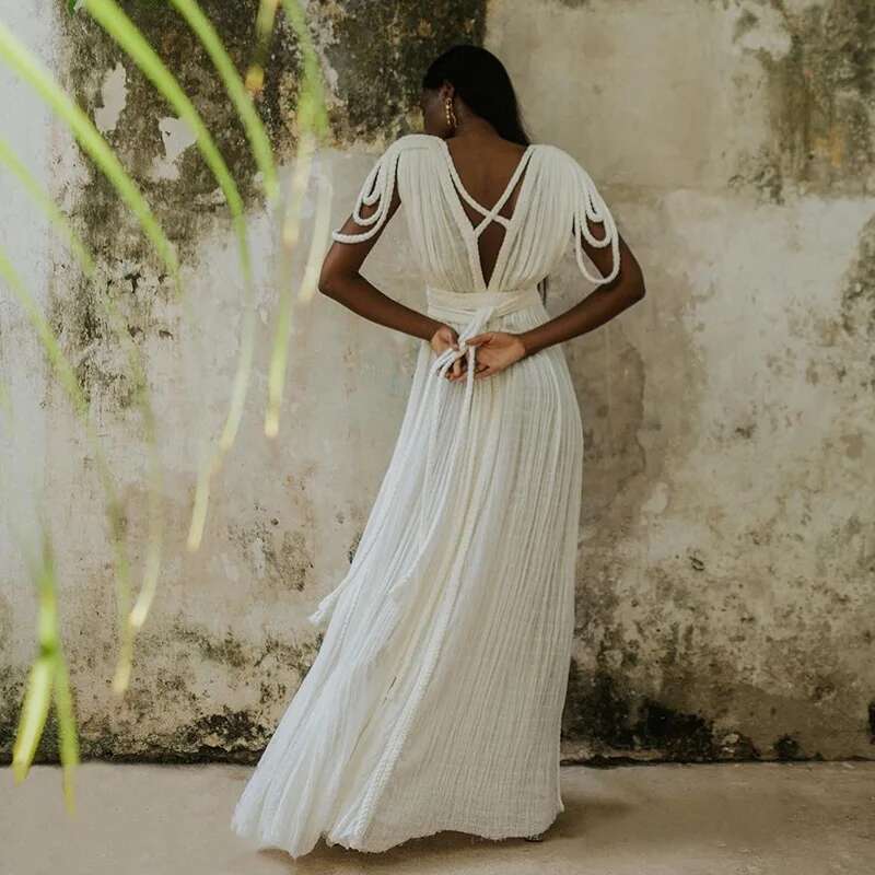 Para Praia Hollow Out Knitted Long 2024 Dress Drawstring Swimwear Cover Ups Sexy Beach Outfits For Women Beachwear