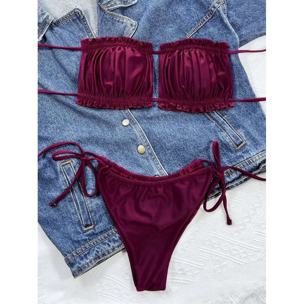 Purple Bikini Sexy Ruffle Hollow Out Women 2 Piece Swimsuit Off-shoulder High Waist Thong Bathing Suit Beach Swimwear XMQC1977