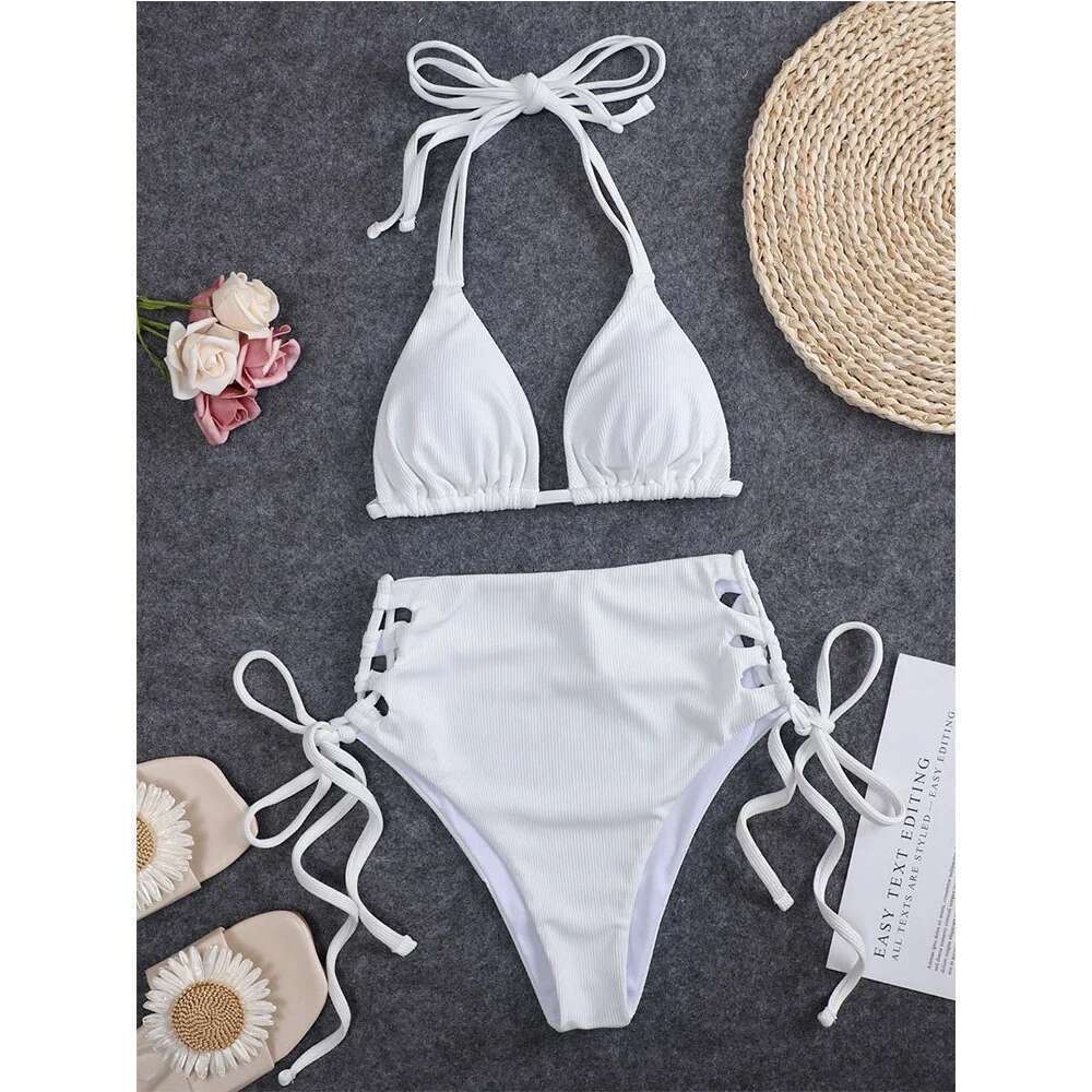 2024 Solid Color 2-piece Swimsuit for Women High Waist Hollow Out Split Bikini Sexy Triangle Cup Halter Backless Bathing Suit
