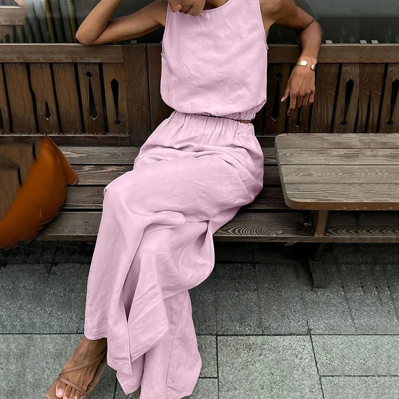 Casual sleeveless cotton linen set fashionable O-neck zipper and split pants set womens elegant elastic waist solid loose 2PC set 250401