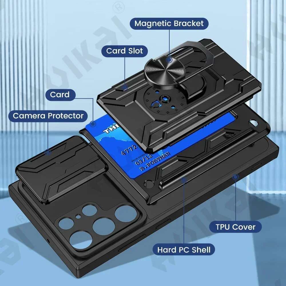Case For Samsung Galaxy S25 S24 S23 S22 S21 Ultra Plus S20 FE A55 A35 A56 A36 4G 5G Slide Camera Card Holder 360° Ring Cover