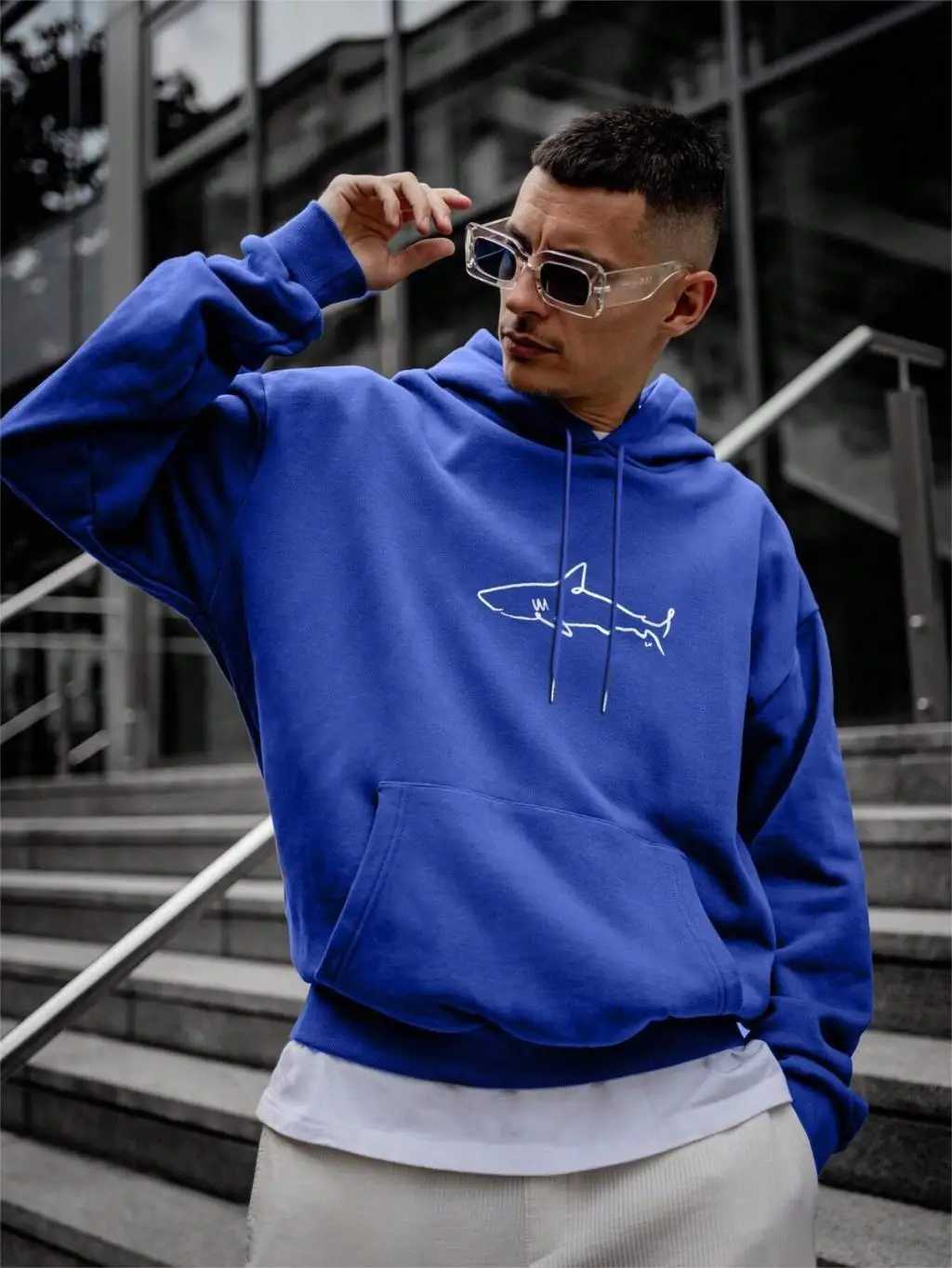 Simple Shark Printing Hoodie For Men Kangaroo Pocket Drawstring Pullovers Thermal Fleece Warm Sweatshirts Autumn Casual Clothes W251106