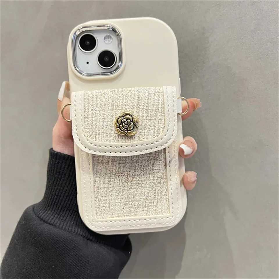 Korean 3D Camellia Leather Card Bag Crossbody Lanyard Soft Soap Case For iPhone 15 14 Pro Max 13 12 11 XS X XR 7 Plus Cover J251202