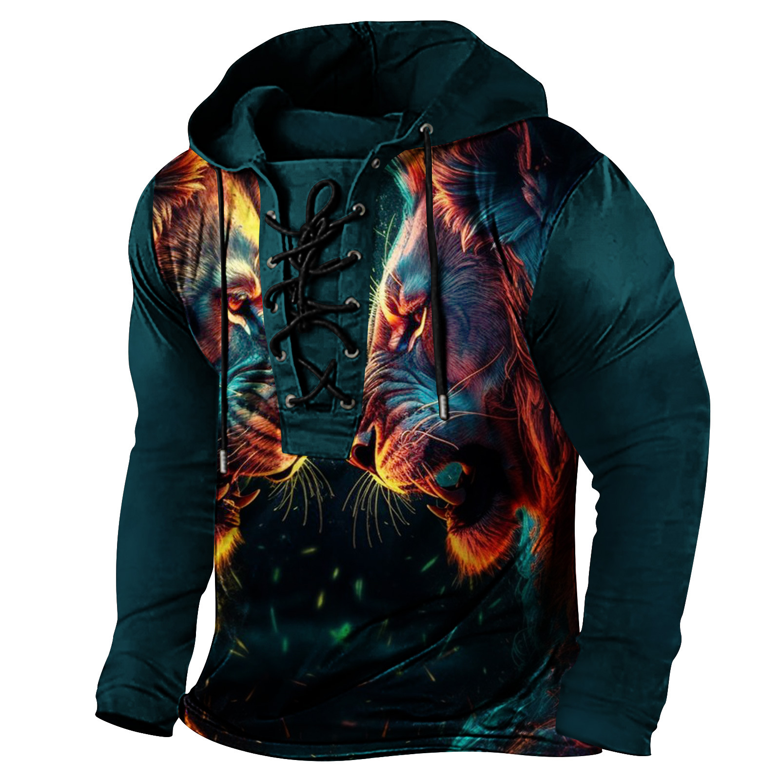 Spring mens printed hooded long sleeved T-shirt with oversized drawstring and headband for men
