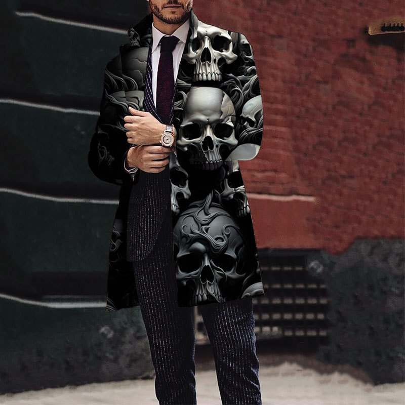 2024 Winter New Mens Halloween Skull Printed Woolen Medium to Long Coat Mens Woolen Coat