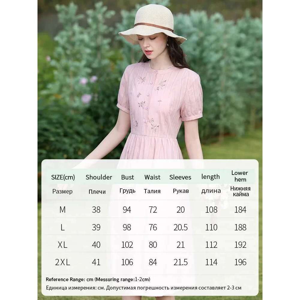 Women Dresses Summer Pink Embroidery Short Sleeve New Elegant Retro Slim Midi A-E Chic Dress