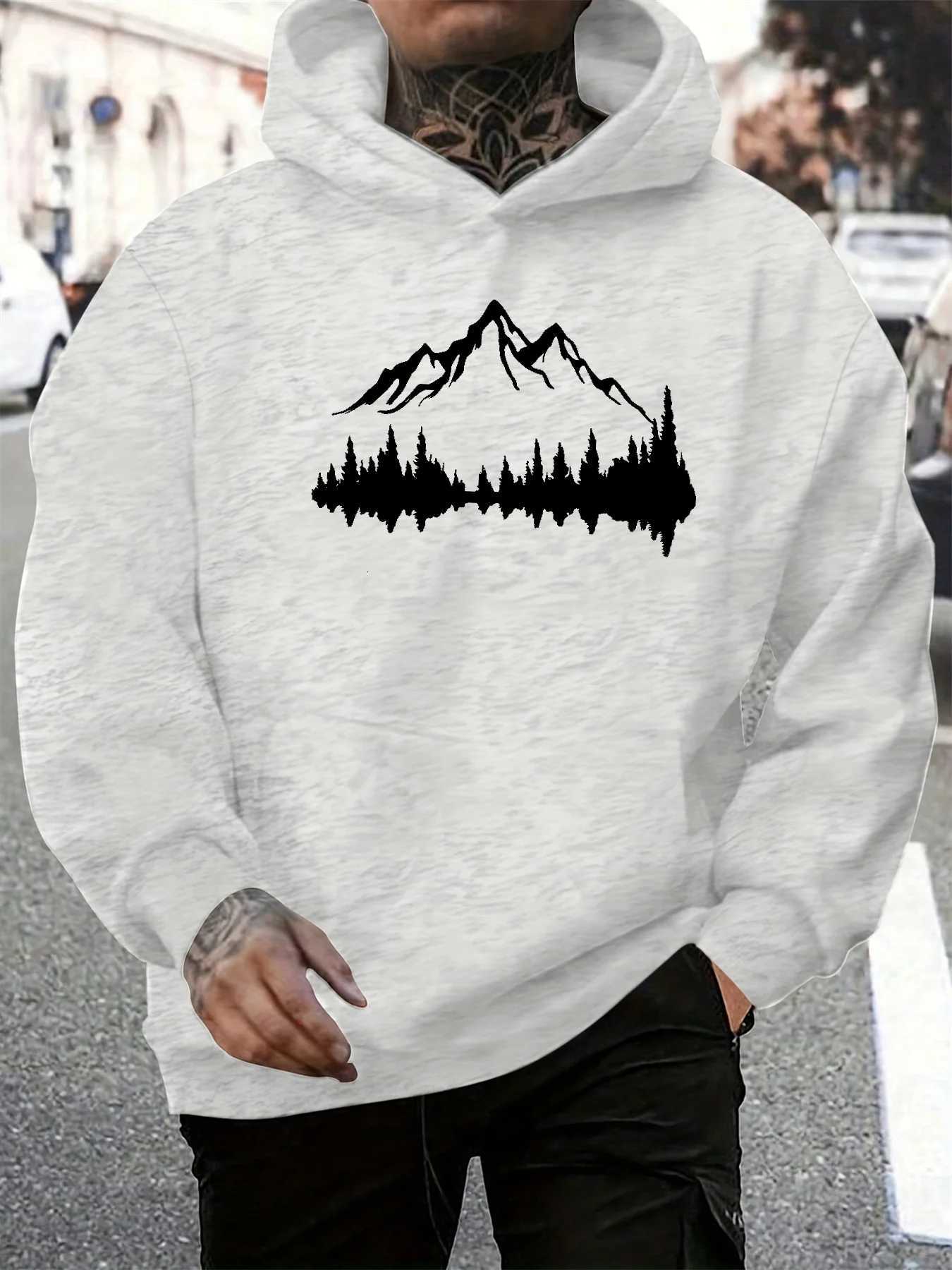 Mens autumn and winter casual fashionable loose hooded sweatshirt with mountain pattern printed long sleeved warm pullover W251106