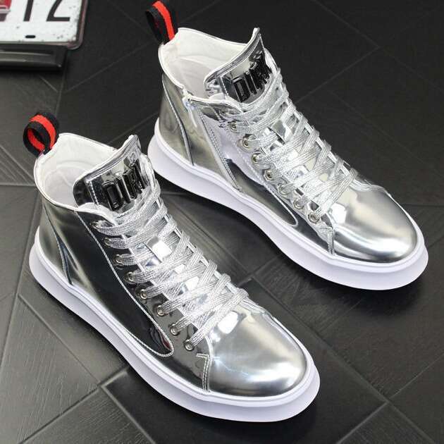 Four Seasons Trendy Patent Leather Glossy Sneakers Men's High-top Casual Shoes 2024 New Fluorescent Green Gold Silver White