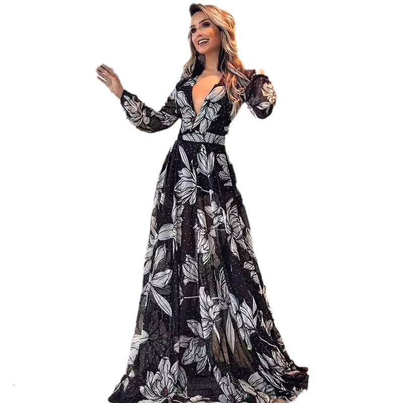 2025 New Womens Dress Sexy Deep V-long Sleeved Printed Fashionable Long Skirt
