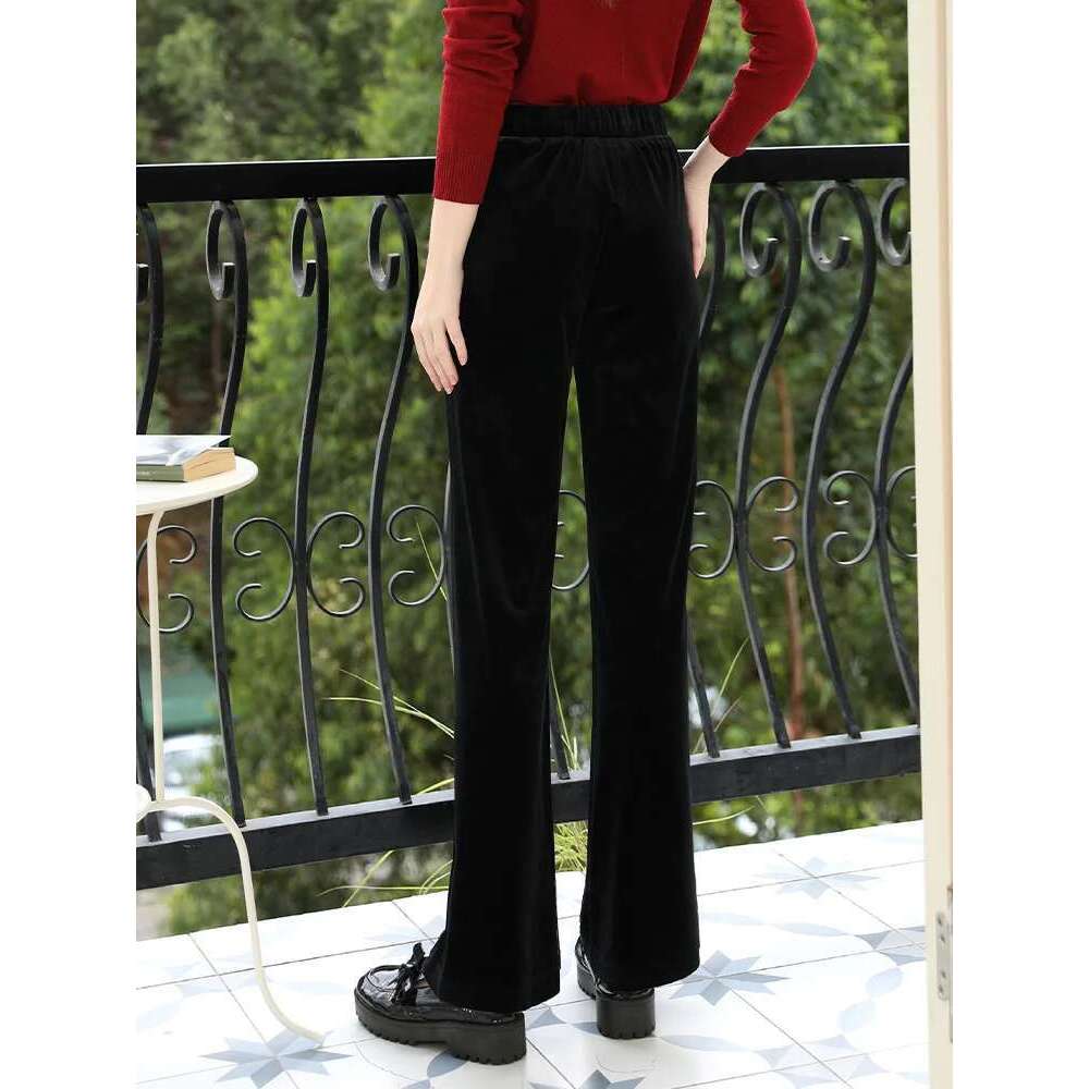 Black Thick Veet Trousers Korean Casual Straight Leg Winter Slim Back Elastic Waist Pants