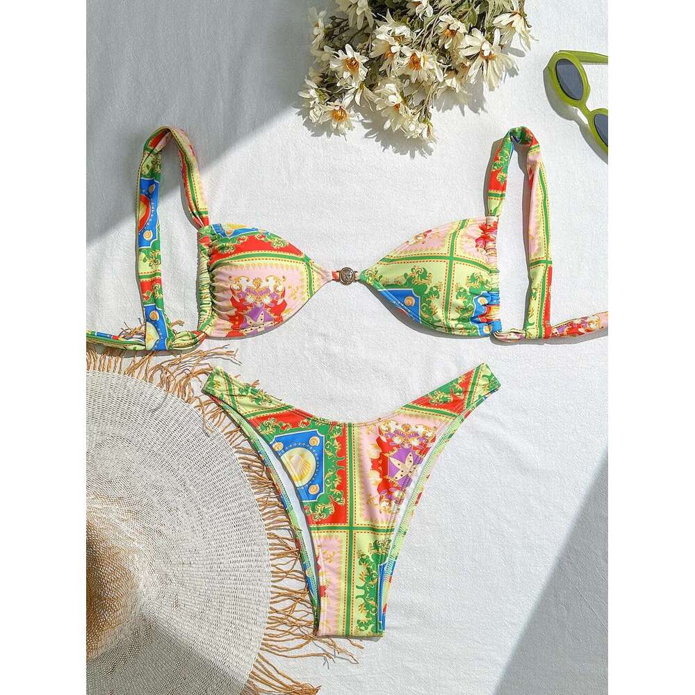 Vintage Green ral Print Bikini Set 2025 Sexy Metal Ring Push Up Micro Swimsuit Brazilian Bathing Suit Holiday Thong Swimwear