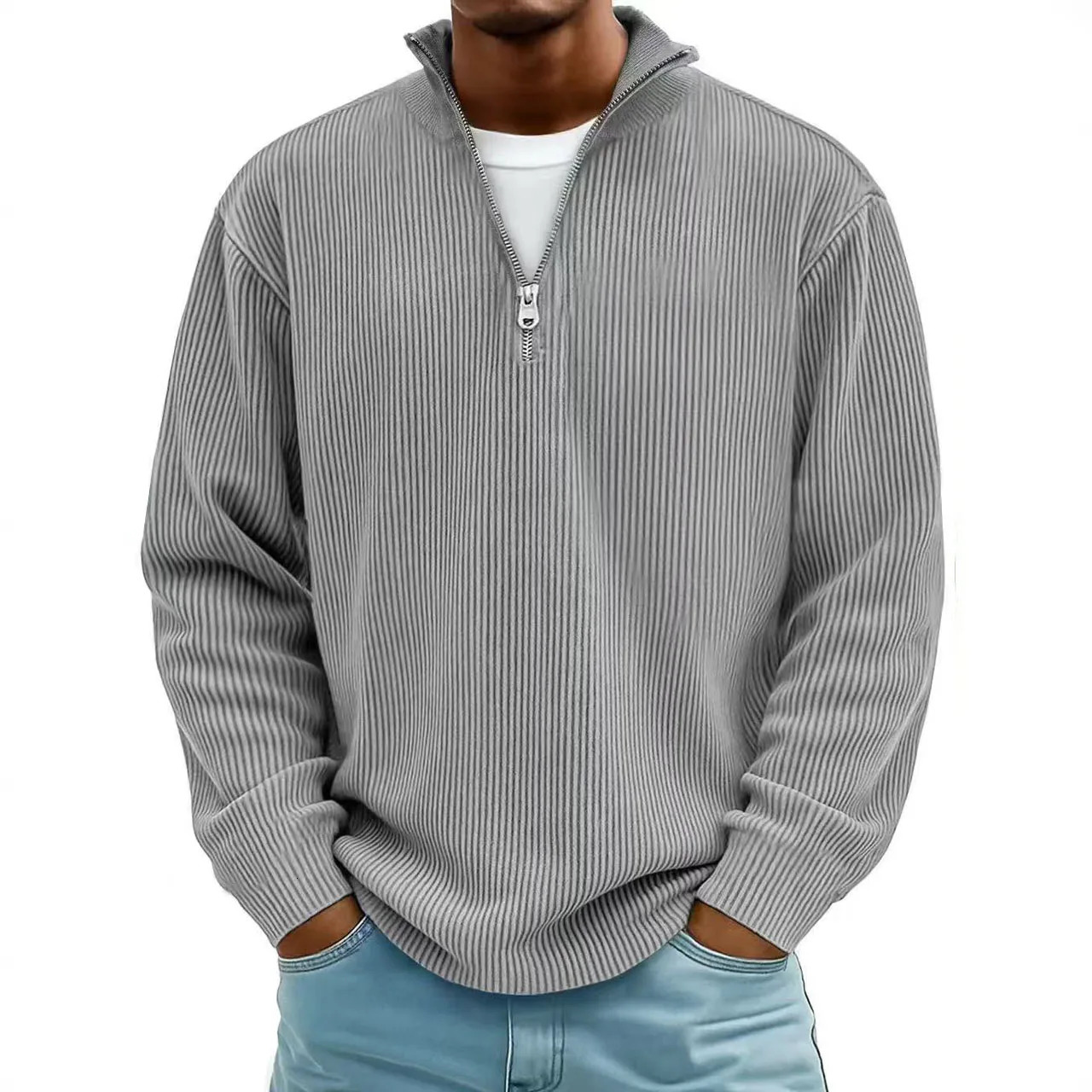 Corduroy Sweatshirts For Men Autumn Solid Long Sleeve Clothing Mens Casual Loose Zipper Polo Collar Tees Tops Man Outwear 251105