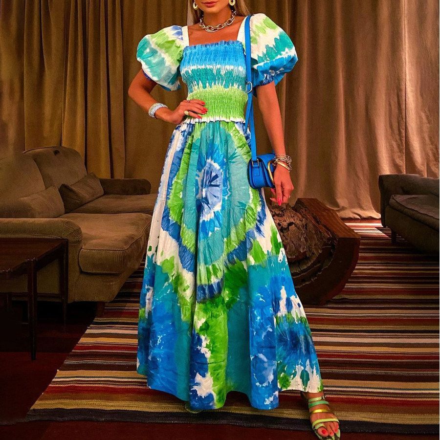 Temperament Womens Summer New Product Bubble Sleeve Digital Printing Loose Thin Sexy Long Dress