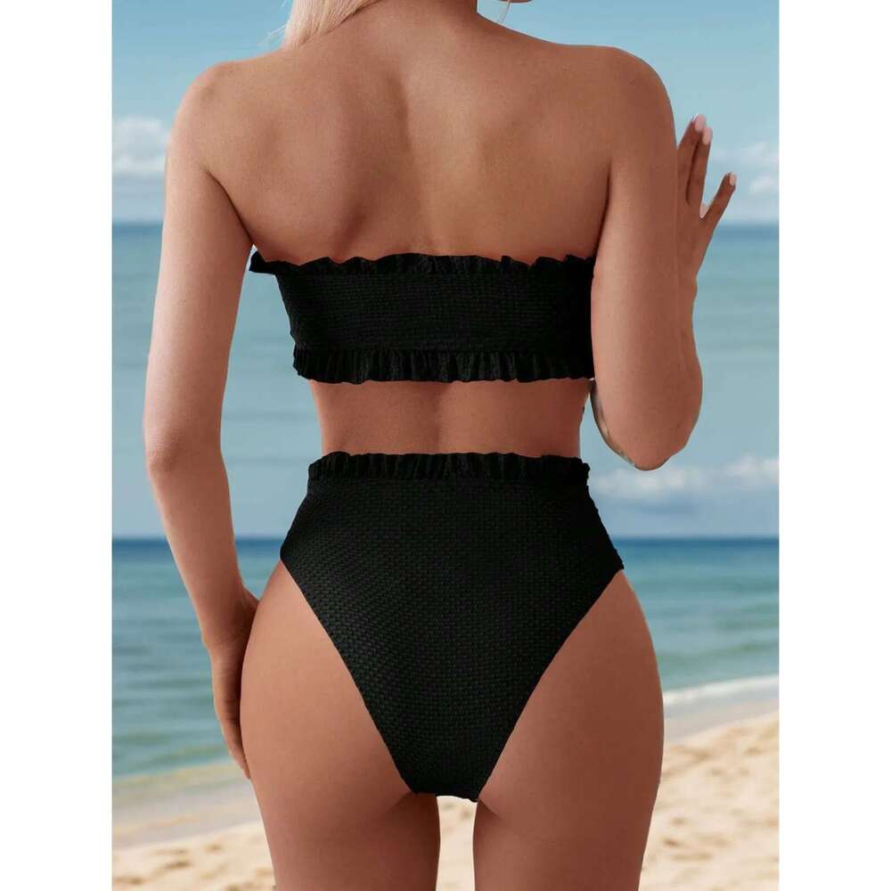 2024 Solid Color 2 Piece Swimsuit Sexy Ruffle Strapless Backless Bikini Set Beach Vacation High Waist Swimwear Bathing Suit New