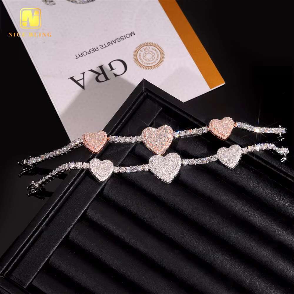 Fine Hip Hop Jewelry GRA Certificate Iced Out Custom 3mm White VVS Moissanite Heart Tennis Chain 925 Silver Link Chain Bracelet