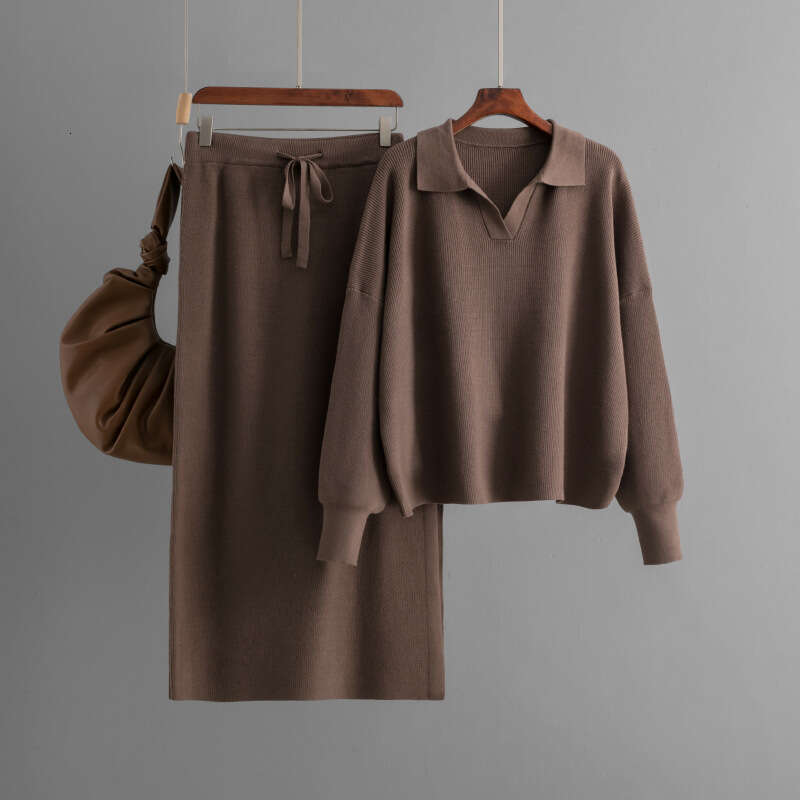 2024 New Foreign Trade Sweater Plus Size Two-Piece Knitted Polo Collar Autumn Winter Loose Women's Fashion Lazy Set