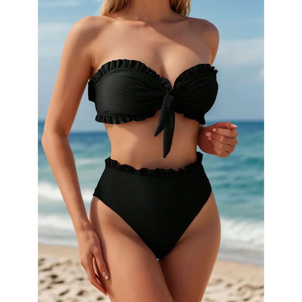 2024 Solid Color 2 Piece Swimsuit Sexy Ruffle Strapless Backless Bikini Set Beach Vacation High Waist Swimwear Bathing Suit New