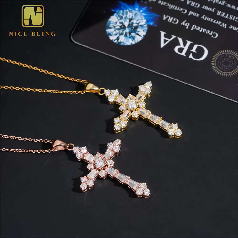 Pass Tester Classic Iced Out Hip Hop Style Link Chain 925 Silver VVS Moissanite Diamond Women Jewelry Cross Pendant Necklace