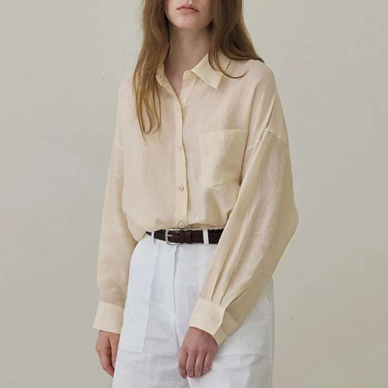 100% Ramie Thin Breathable Women Shirt Chic French Lapel Single-Breasted Cardigan Ladies Loose Simple Long-Sleeved Shirts