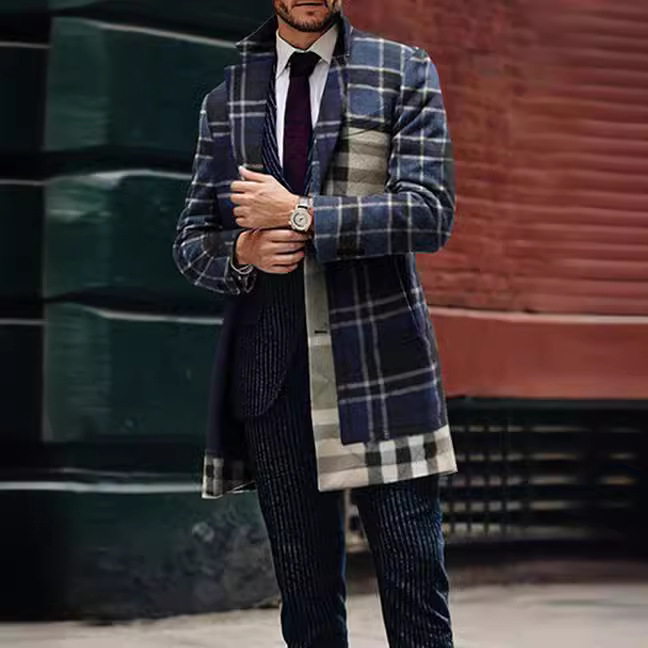 2025 Spring New Mens Casual Printed Woolen Medium to Long Coat Mens Woolen Coat Mens Woolen Coat Mens