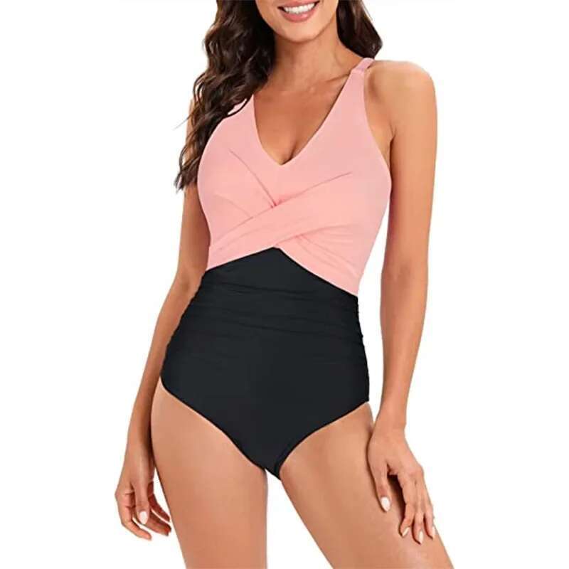 Sexy Stripe Patchwork Swimwear Women 2024 V-neck One Piece Bikini High Waist Slim Monokini Summer Suspender Backless Beachwear