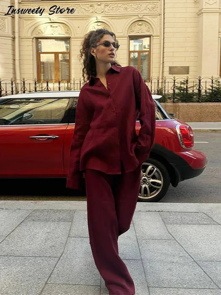 Casual shirt pants set womens solid loose single chest lapel top high waisted mens spring 250403