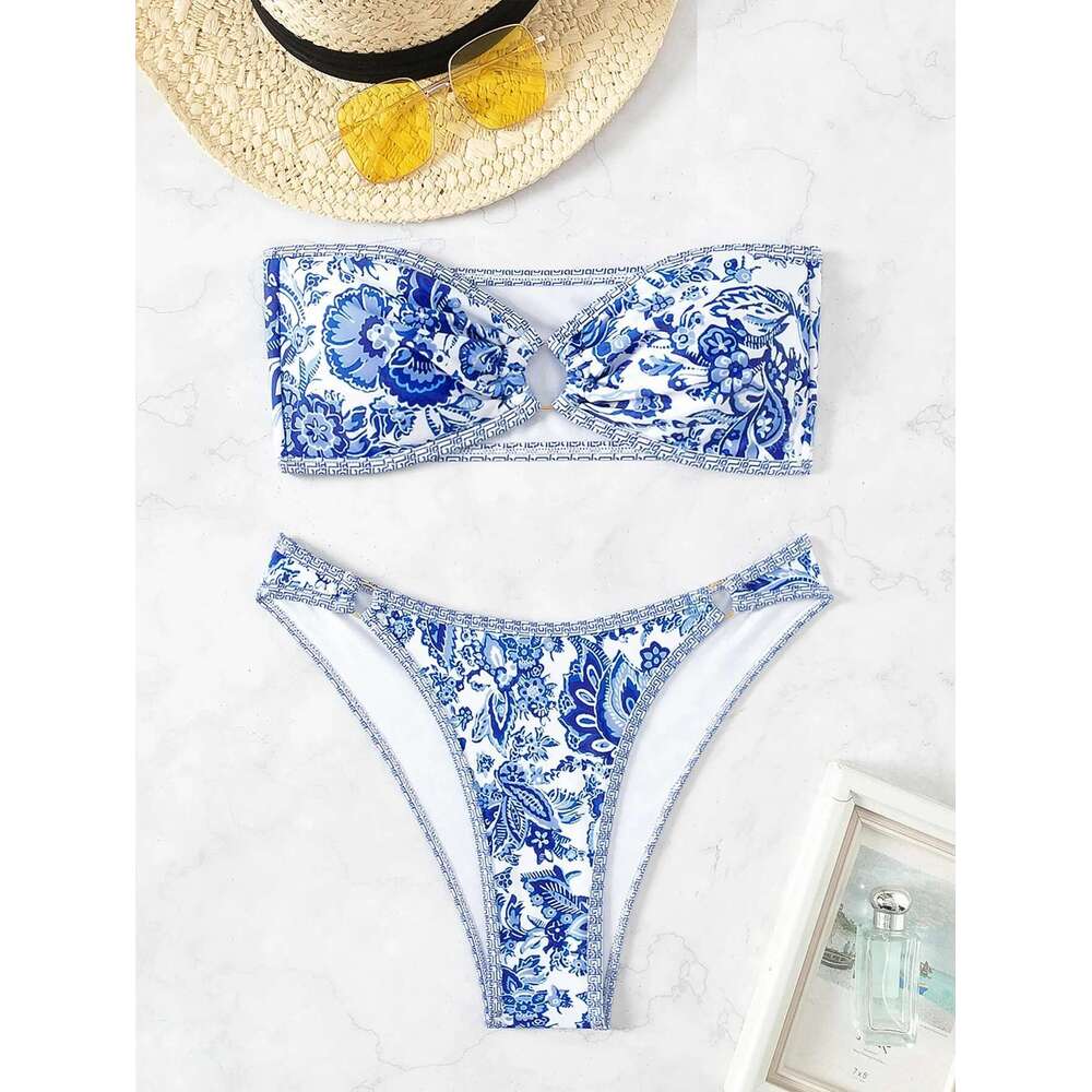 Women's Strapless Sexy Bikini Set Blue White Porcelain Printed 2 Piece Swimsuit 2025 Summer Bandeau Beach Vacation Bathing Suit
