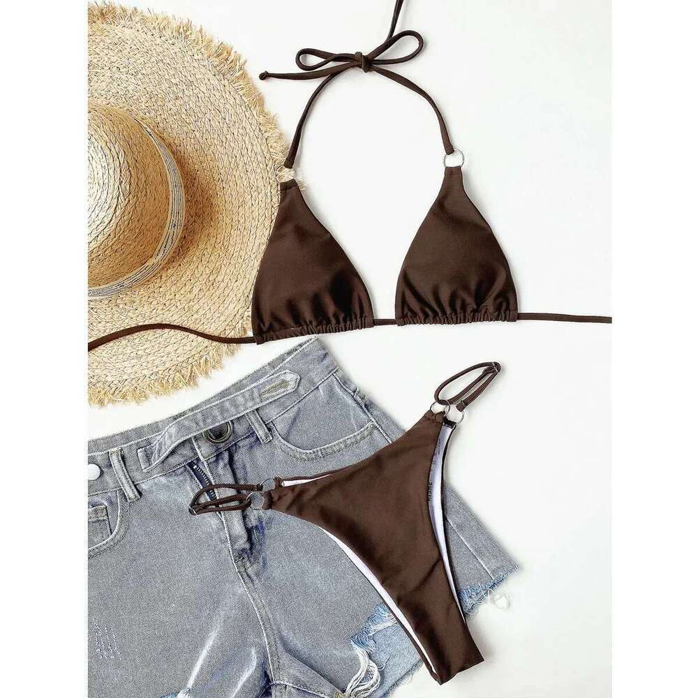 2025 Solid Color Swimsuit Women 2 Piece Bikini Sexy Triangle Cup Halter Lace-up Backless Bathing Suit Low Waist Summer Beachwear