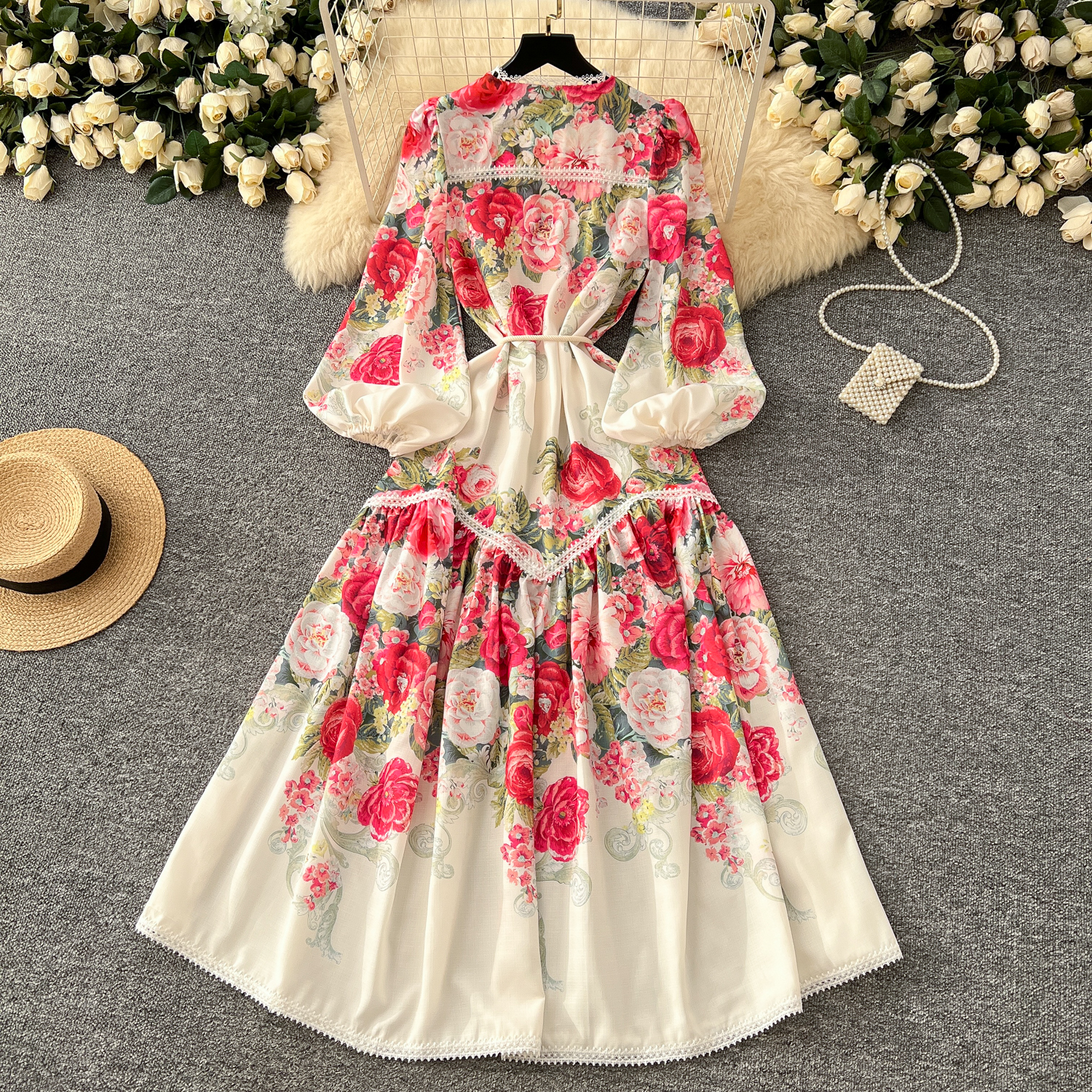 Basic Casual Dresses Spring Holiday Gorgeous Flower Linen Dress Women's V-Neck Hollow Out Lace Long Lantern Sleeve Floral Print Belt Maxi Vestido