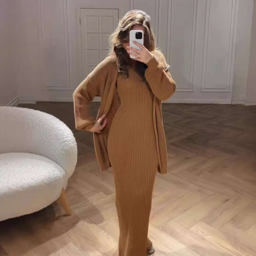 2024 Autumn New European and American Amazon Cross-Border Fashion Hot-Selling Lazy Style Knitted Sweater Long Dress Set for Women
