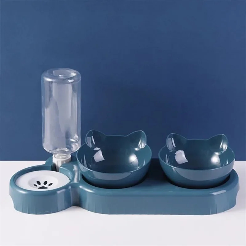 Three cat bowl pet feeder 2-in-1 double bowl with automatic drinking bottle tilting and rotating suitable for cats and dogs 250403
