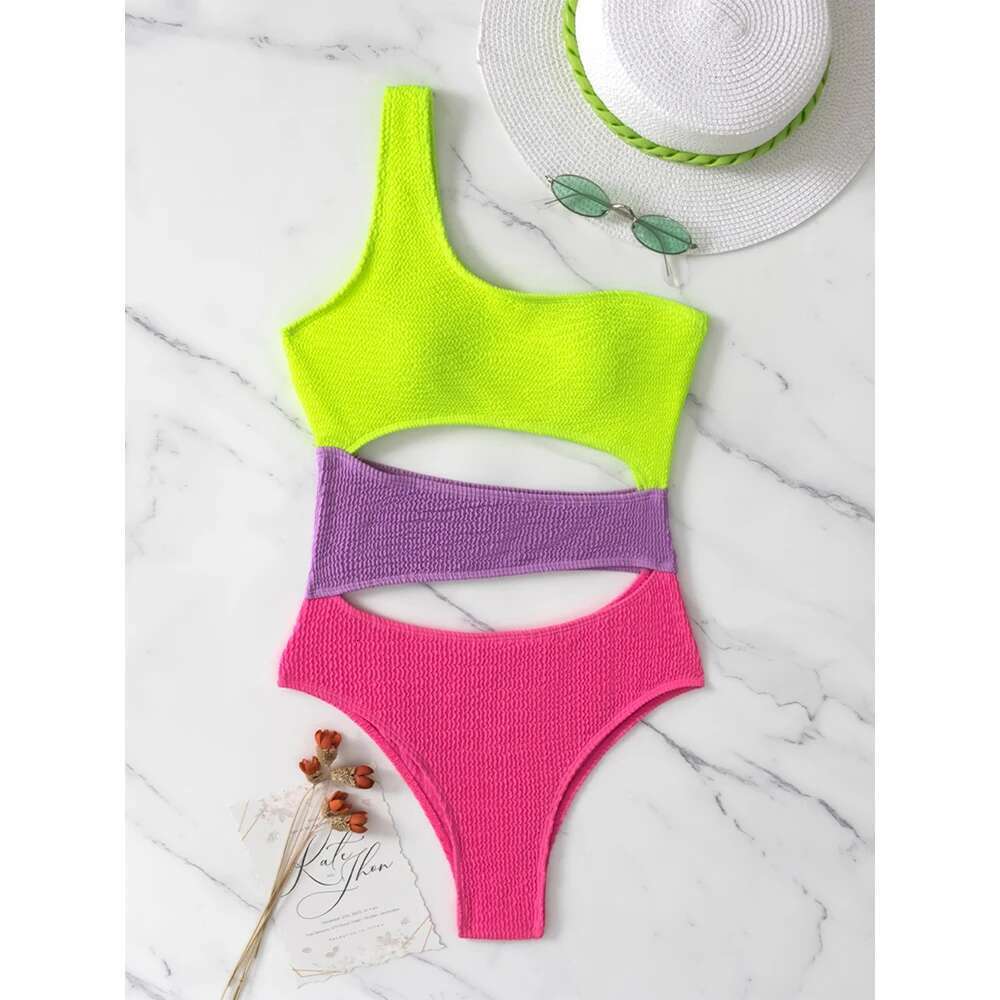 Patchwork One Piece Bikini Women 2023 NEW Swimwear Single Shoulder Hollow Out High Waist Swimsuit Bathing Suit Backless ALC3168
