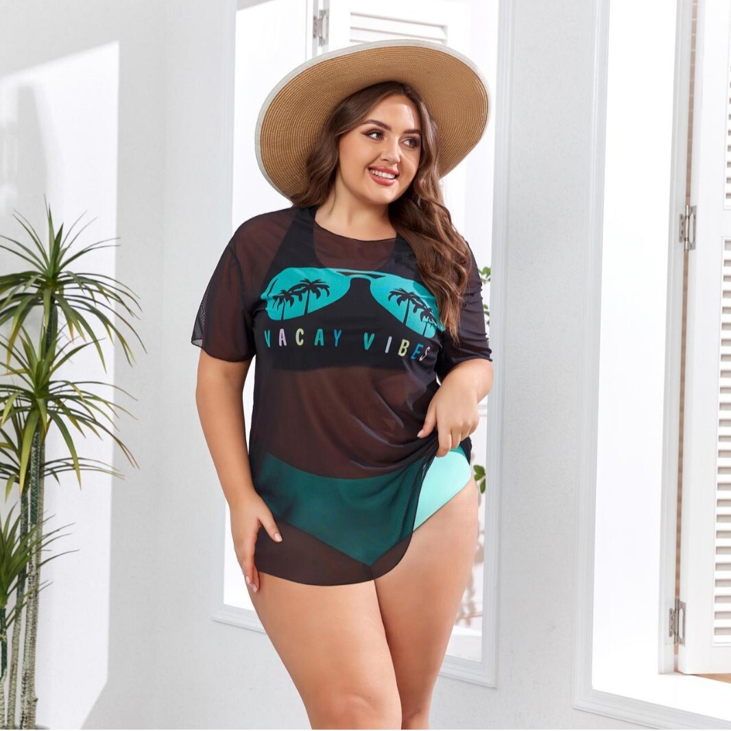 2025 New Customized Printed Mesh Transparent Hoodie Large Swimsuit Bikini 3-Piece Set