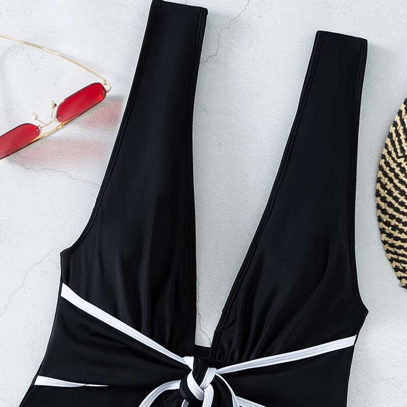 Black One Piece Swimsuit for Women 2024 Summer New Bikini,high Waist Contrast Belt Swimwear,deep-V Neck Backless Bathing Suit