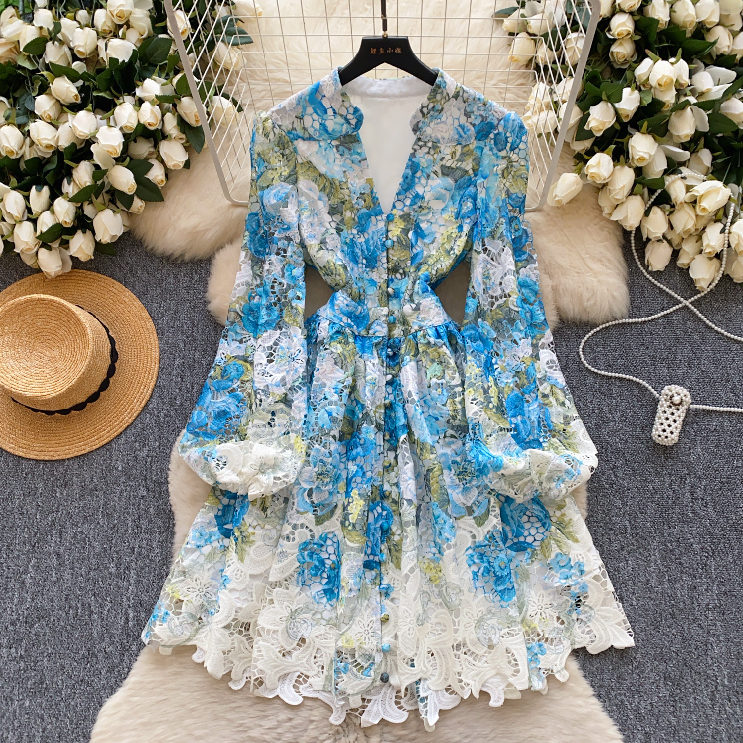 Casual Dresses Summer Spring Holiday Crochet Lace Embroidery Hollow Out Floral Print Mini Dress Women's V-Neck Long Lantern Sleeve Lace Up Clothi