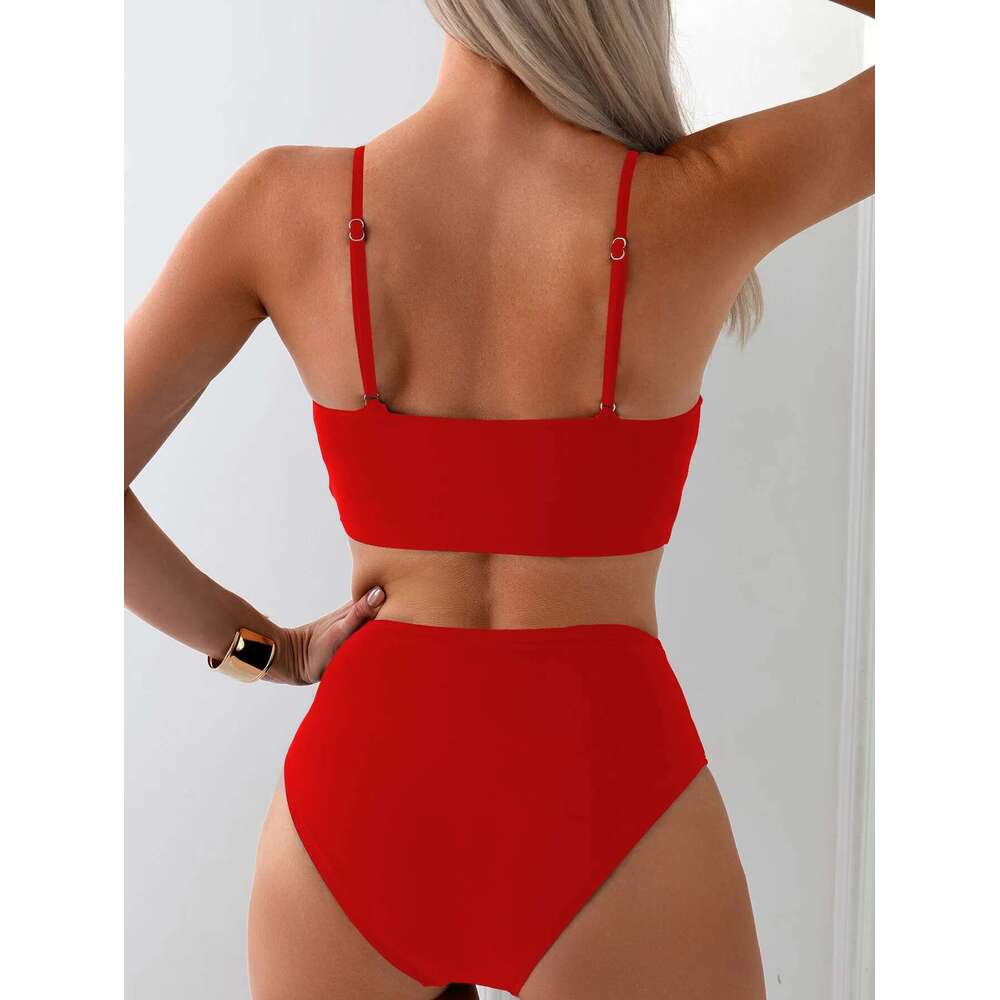 Solid Color 2 Piece Swimsuit for Women High Waist V-neck Suspender Sexy Bikini Set Summer Beach Vacation Backless Swimwear 2024