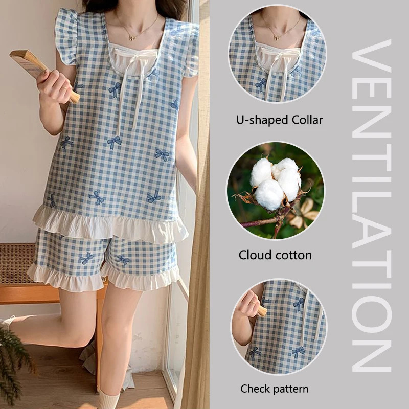 Cute Pajamas Blue Plaid Bow Short Sleeve Nightwear Pullover T-Shirt Shorts Two-Piece Set Japanese and Korean Fashion Sleepwear 250402