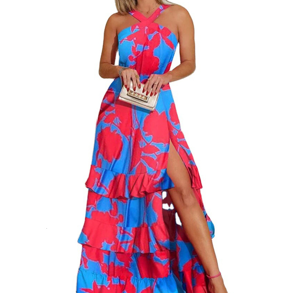 2025 Summer New Strap Dress Bohemian Dress Printed V-neck Sleeveless Dress