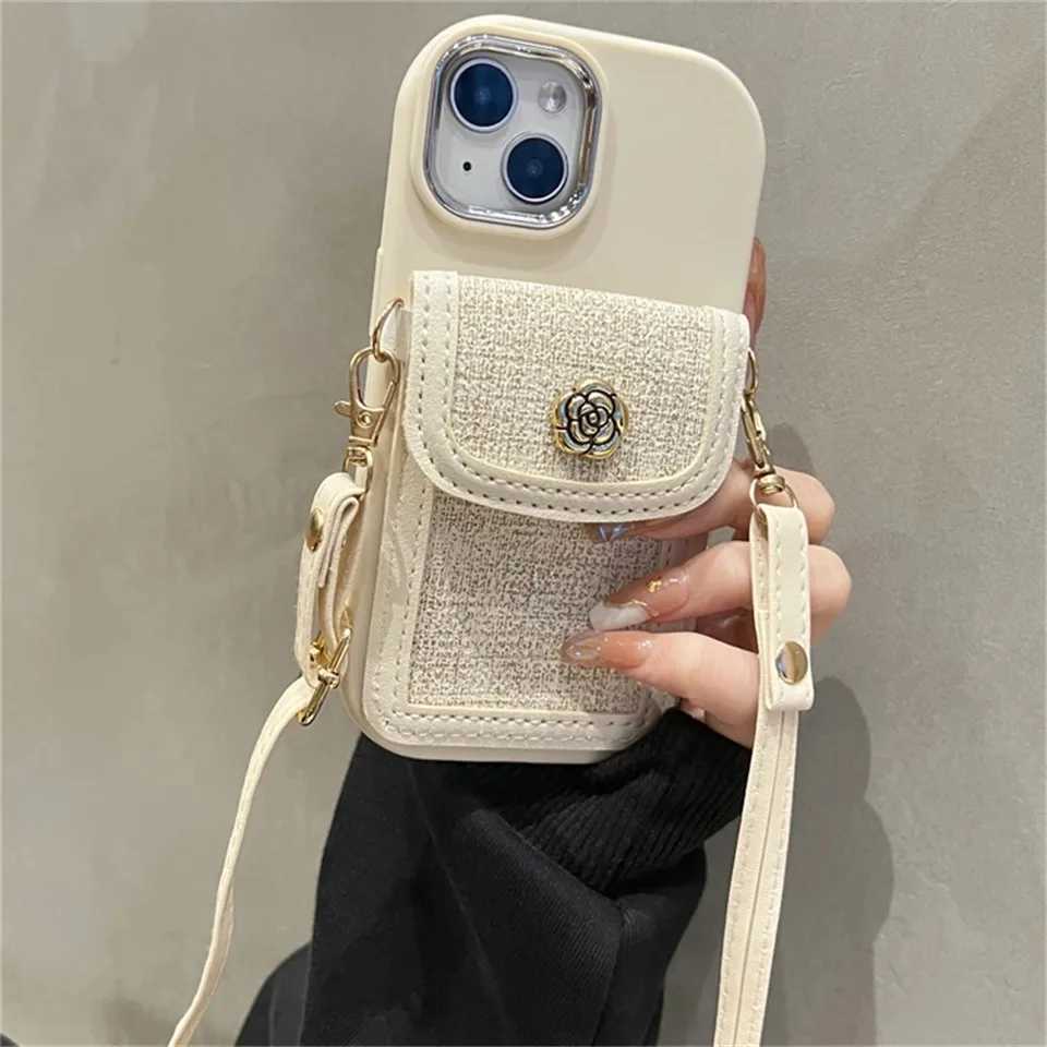 Korean 3D Camellia Leather Card Bag Crossbody Lanyard Soft Soap Case For iPhone 15 14 Pro Max 13 12 11 XS X XR 7 Plus Cover J251202
