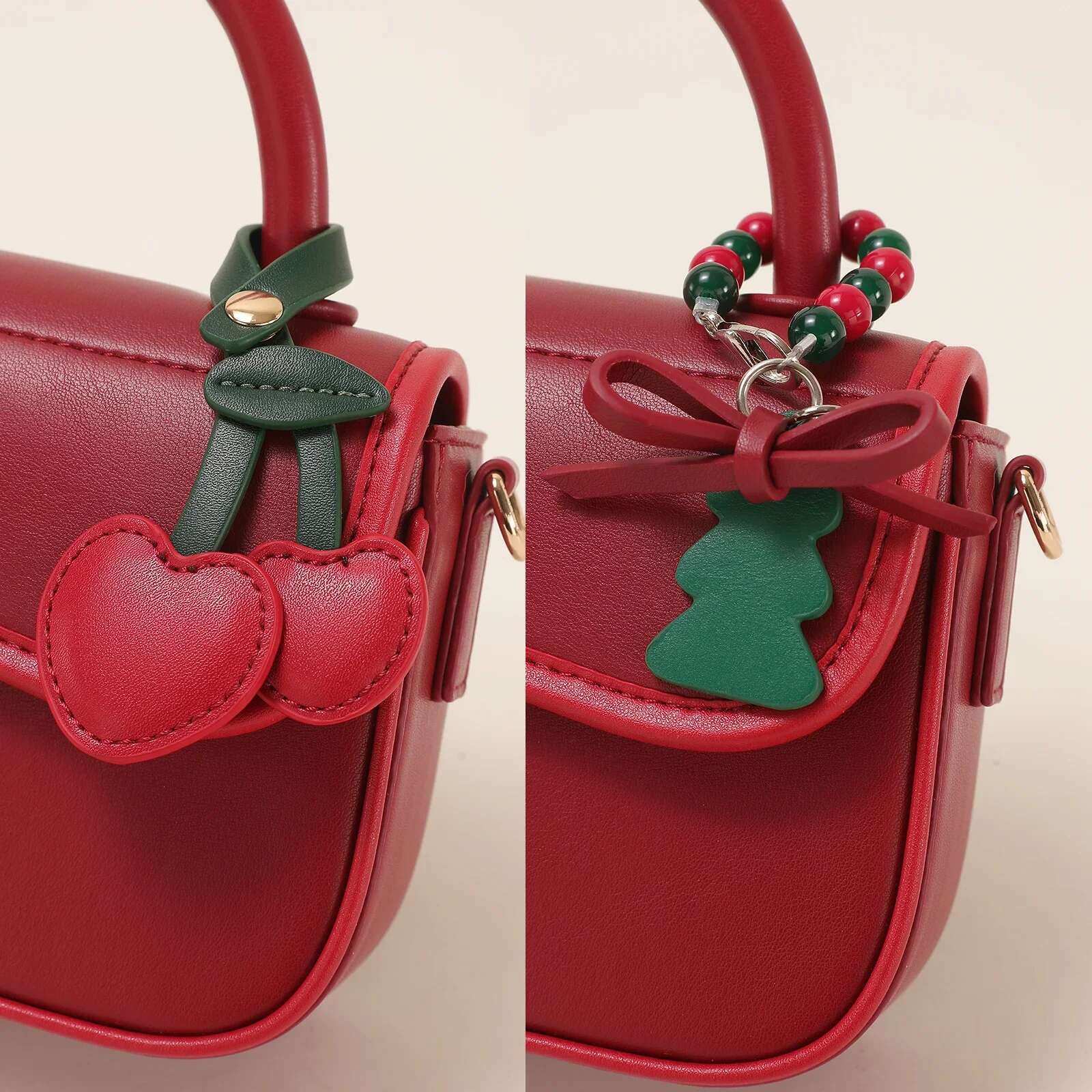 TOUTOU Red Handbag Women Cute Cherry Christmas Tree Pendent Original Designer Leather Shoulder Crossbody Bag Girl Valentine Gift