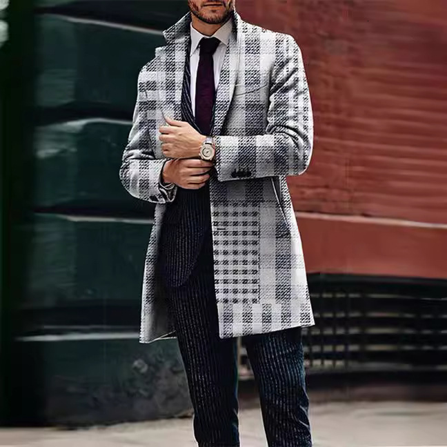 2025 Spring New Mens Casual Printed Woolen Medium to Long Coat Mens Woolen Coat Mens Woolen Coat Mens