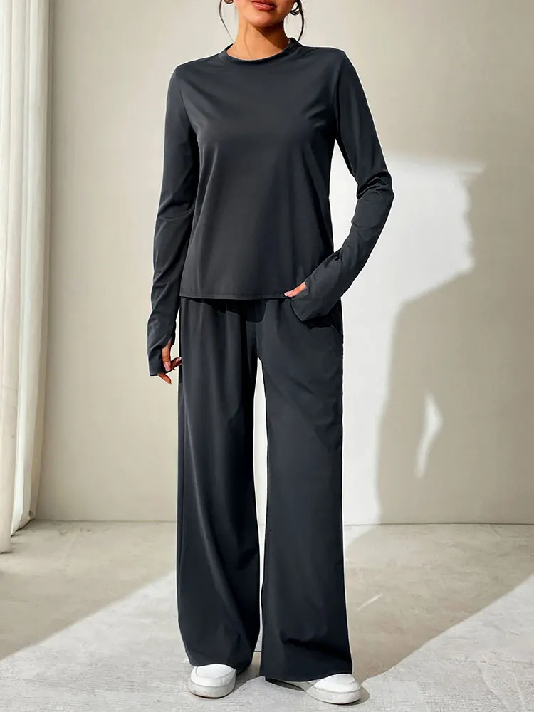 Spring Fashion Womens Long Sleeve Tshirt Trousers 2piece Street Clothing Oneck Solid Color Sexy Casual Slimming 250403