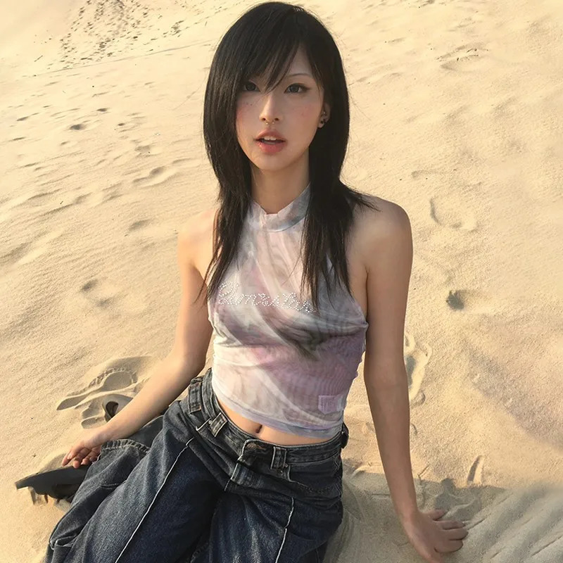 Y2K mesh printed vest womens Harajuku tie dye backless crop top retro 2000S diamond tank Korean tank top 250402