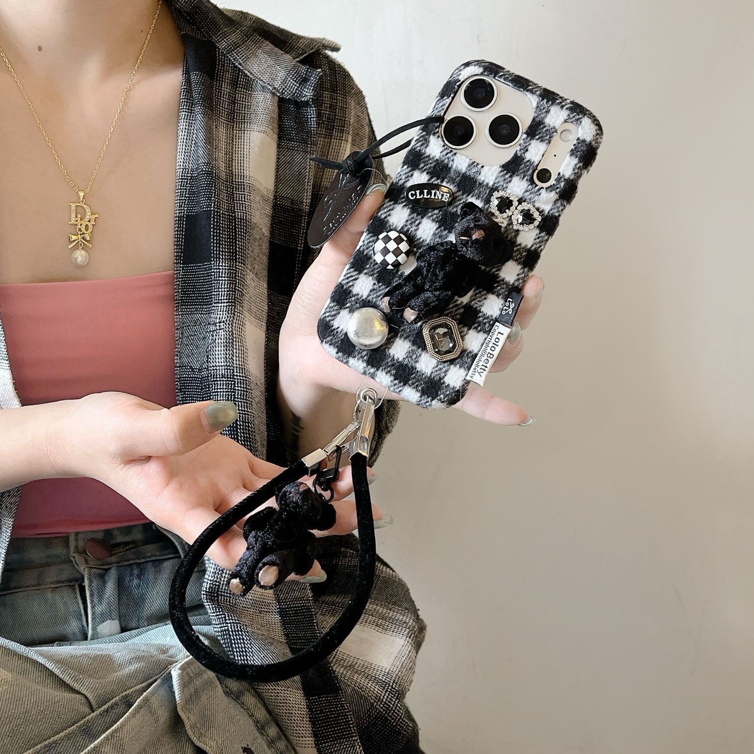 3D Plush Bear Phone Case Compatible with iPhone 17/16 Solid Color Lanyard Case iPhone 15/14 Pro