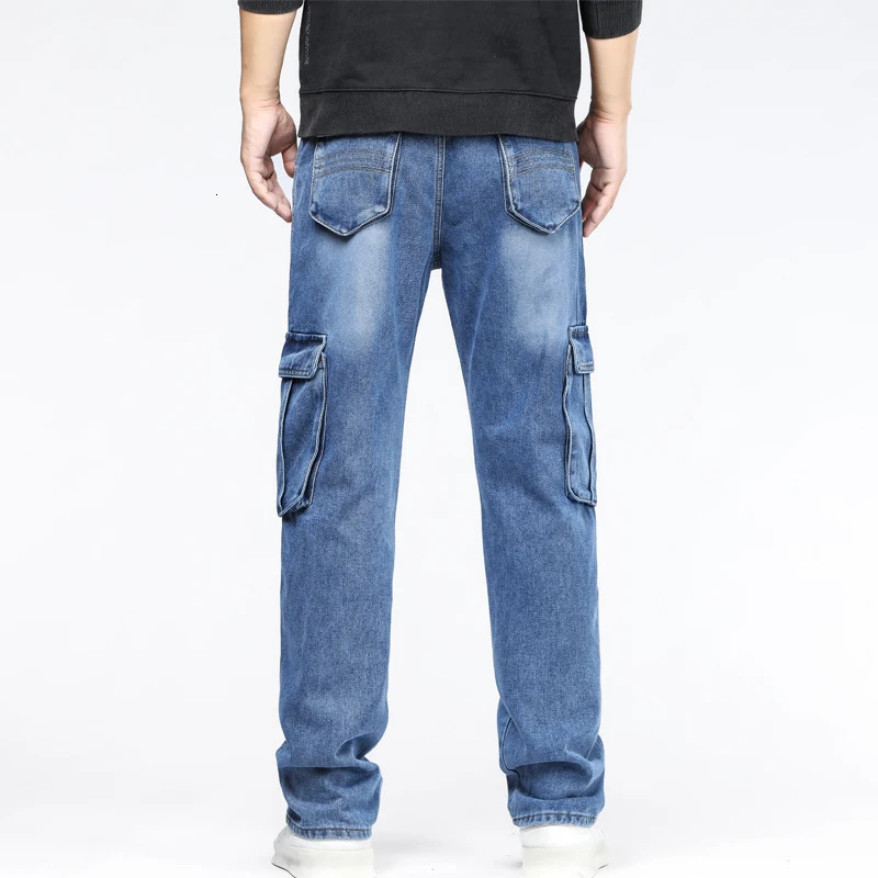 Blue pocket workwear jeans mens four season mid waist loose straight tube non elastic wear-resistant jeans 250402