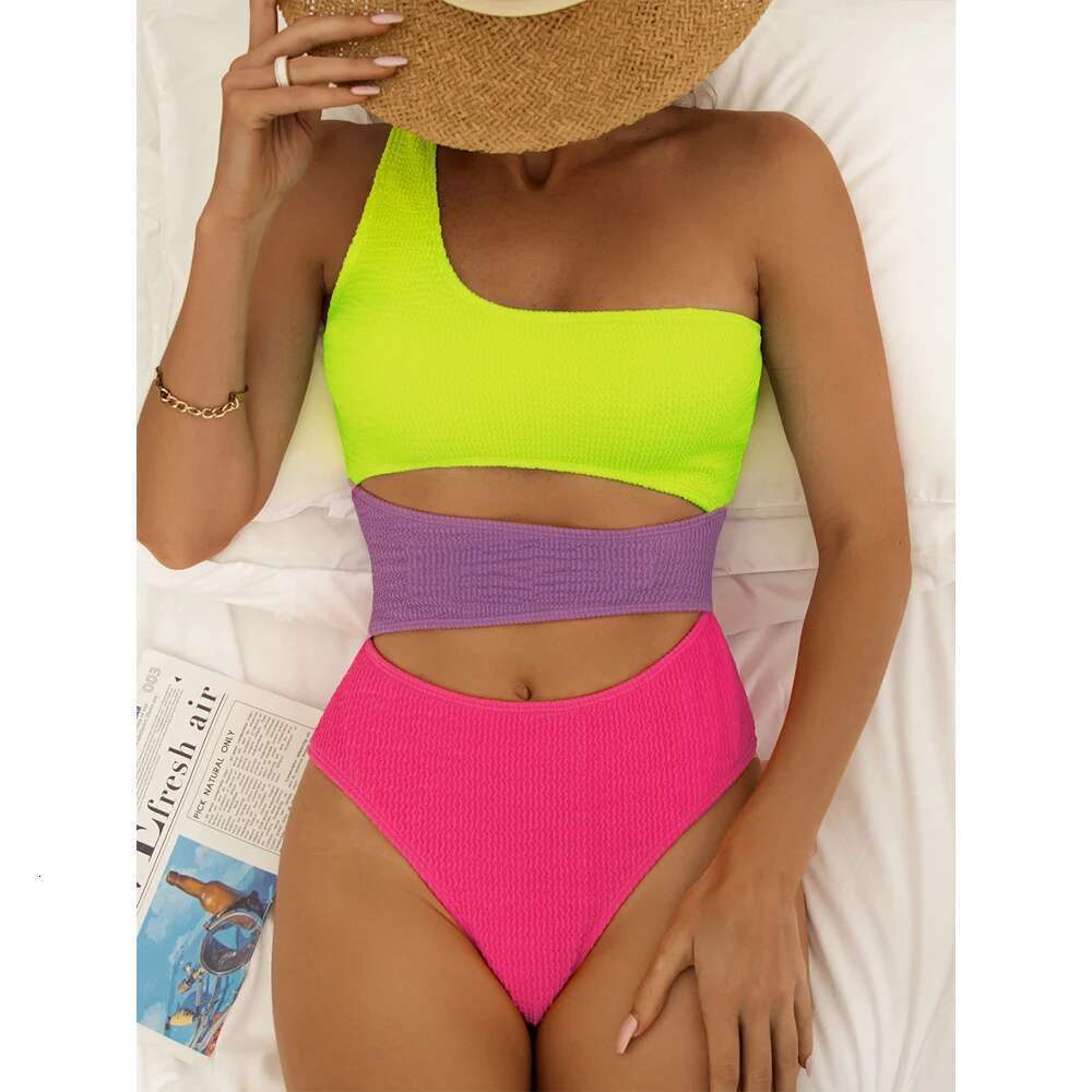 Patchwork One Piece Bikini Women 2023 NEW Swimwear Single Shoulder Hollow Out High Waist Swimsuit Bathing Suit Backless ALC3168