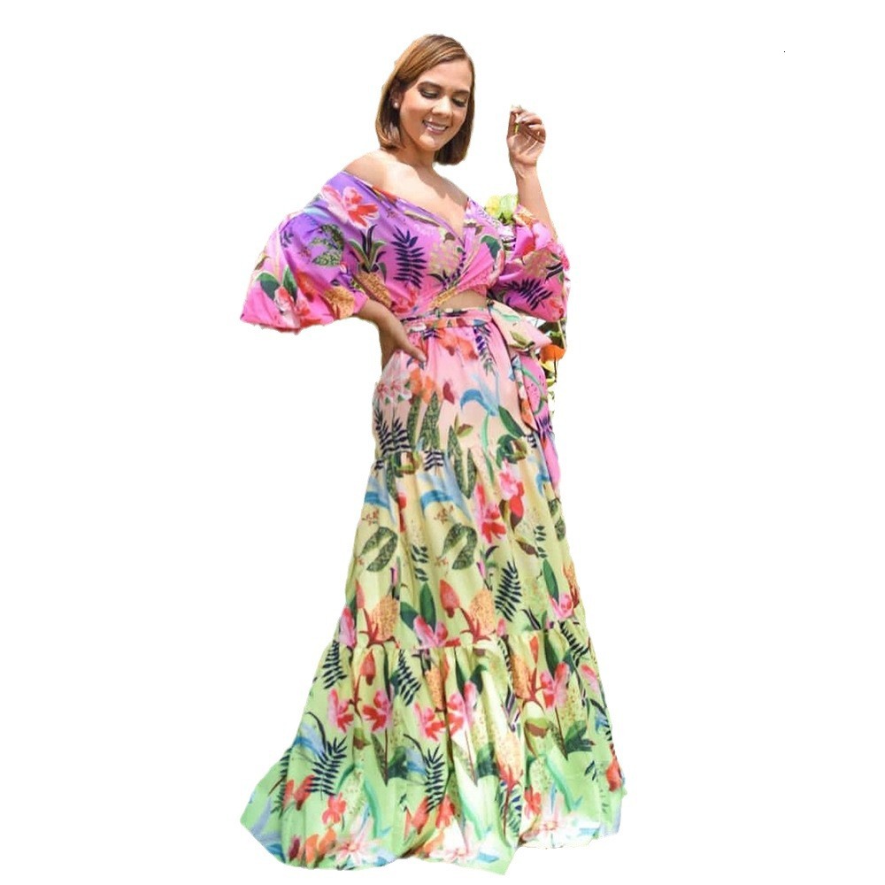2025 Spring/summer New Womens Printed Wide Truffle Shoulder V-neck Sexy Slimming Long Dress Formal Dress
