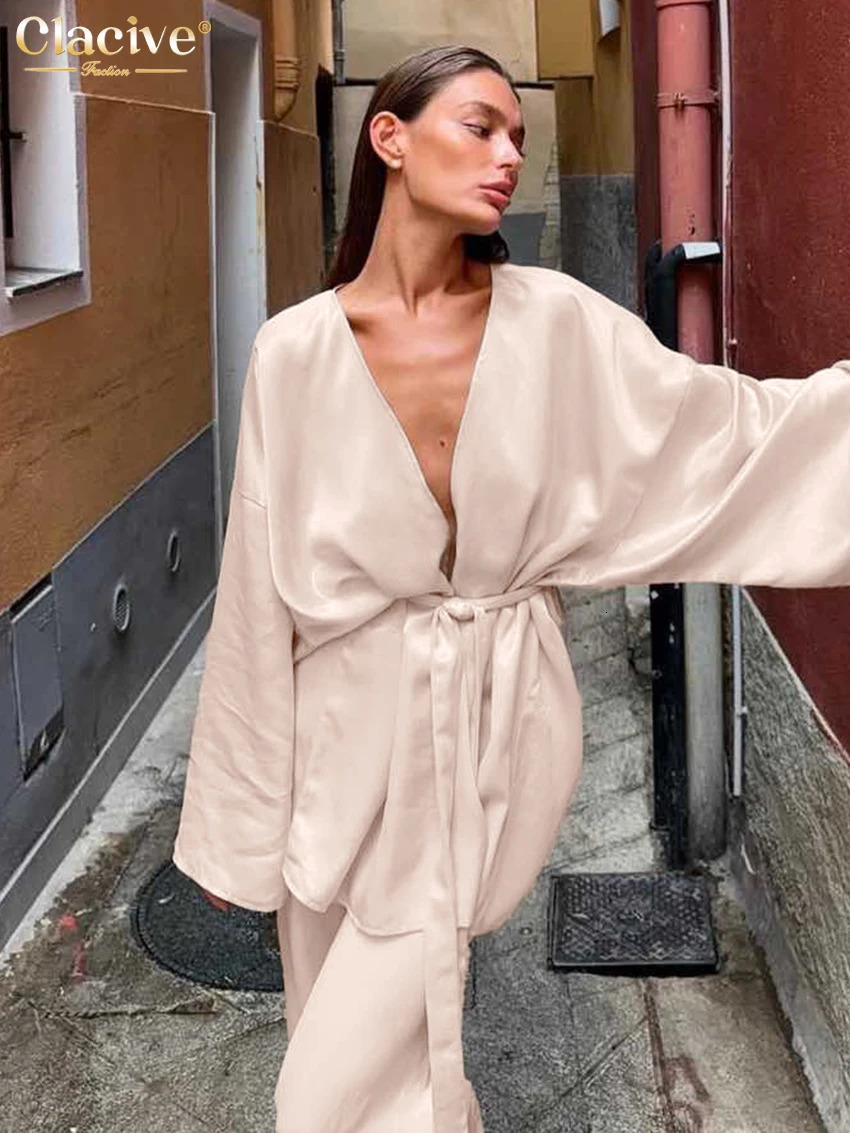 Clacive casual loose beige satin womens two-piece set elegant long sleeved lace pantyhose set 250402